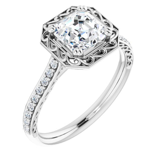 10K White Gold Customizable Asscher Cut Halo Design with Filigree and Accented Band