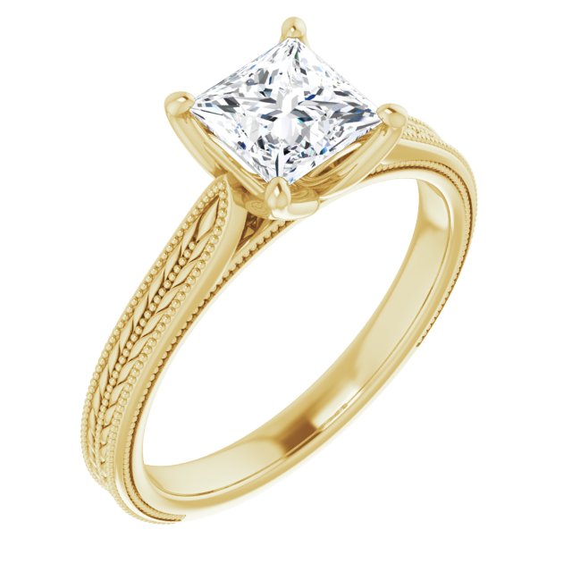 10K Yellow Gold Customizable Princess/Square Cut Solitaire with Wheat-inspired Band 