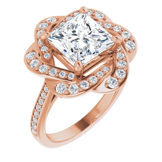 10K Rose Gold Customizable Cathedral-raised Princess/Square Cut Design with Floral/Knot Halo and Thin Accented Band