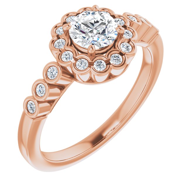 10K Rose Gold Customizable Round Cut Design with Round-bezel Halo and Band Accents