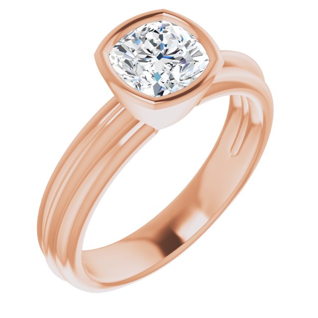 10K Rose Gold Customizable Bezel-set Cushion Cut Solitaire with Grooved Band