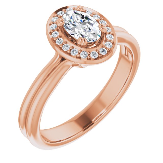 10K Rose Gold Customizable Oval Cut Style with Scooped Halo and Grooved Band