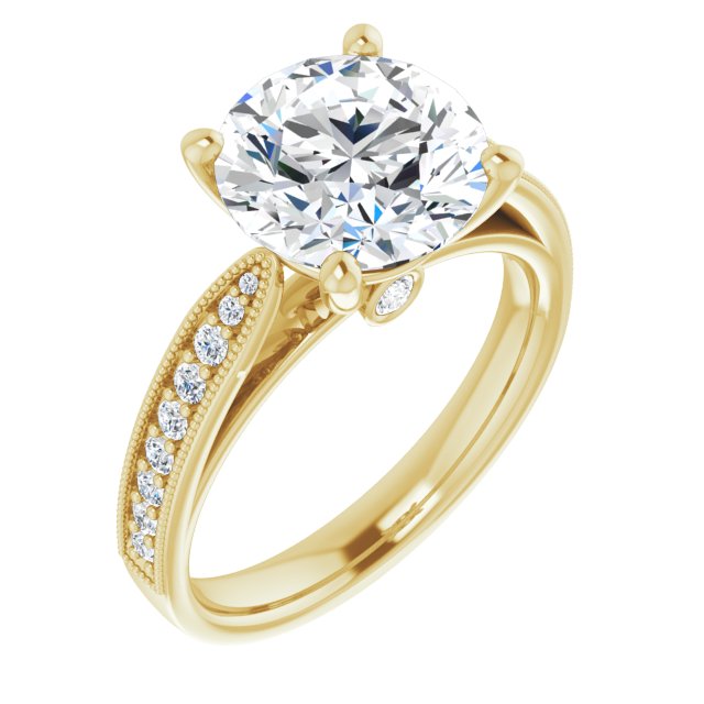 10K Yellow Gold Customizable Round Cut Style featuring Milgrained Shared Prong Band & Dual Peekaboos