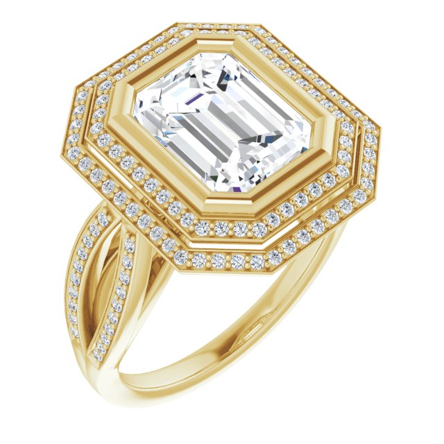 10K Yellow Gold Customizable Bezel-set Emerald/Radiant Cut Style with Double Halo and Split Shared Prong Band