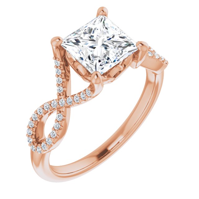 10K Rose Gold Customizable Princess/Square Cut Design with Twisting Infinity-inspired, Pavé Split Band