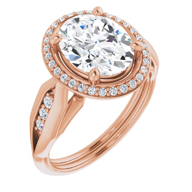10K Rose Gold Customizable Cathedral-raised Oval Cut Design with Halo and Tri-Cluster Band Accents