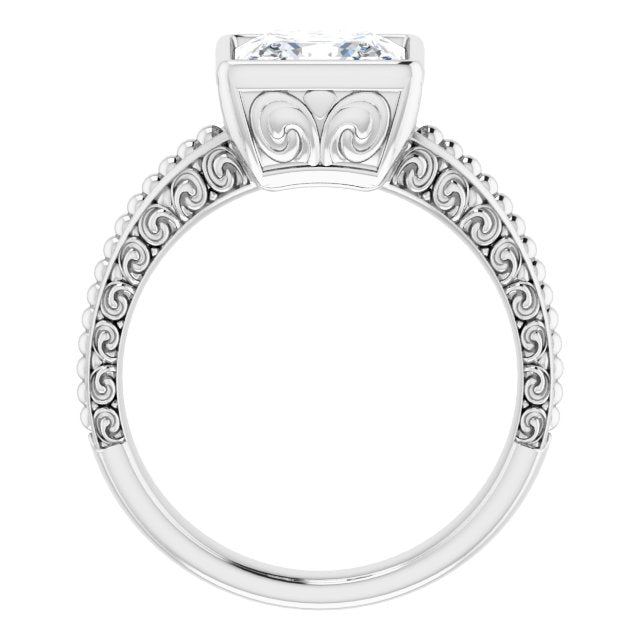 Cubic Zirconia Engagement Ring- The Cheyenne (Customizable Bezel-set Princess/Square Cut Solitaire with Beaded and Carved Three-sided Band)