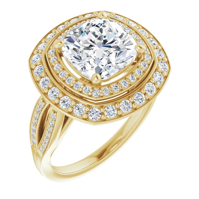 10K Yellow Gold Customizable Cathedral-style Cushion Cut Design with Double Halo & Split-Pavé Band