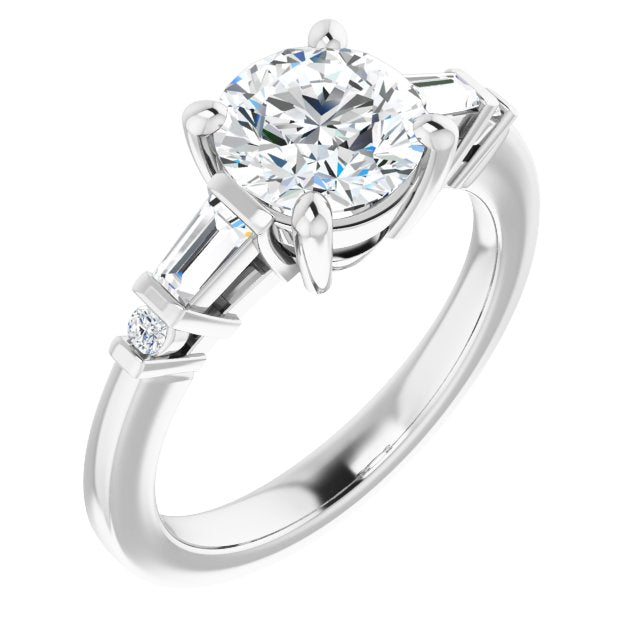 10K White Gold Customizable 5-stone Baguette+Round-Accented Round Cut Design)