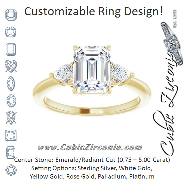 Cubic Zirconia Engagement Ring- The Zhata (Customizable 3-stone Emerald Style with Pear Accents)