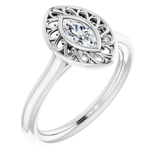 10K White Gold Customizable Cathedral-Bezel Style Marquise Cut Solitaire with Flowery Filigree