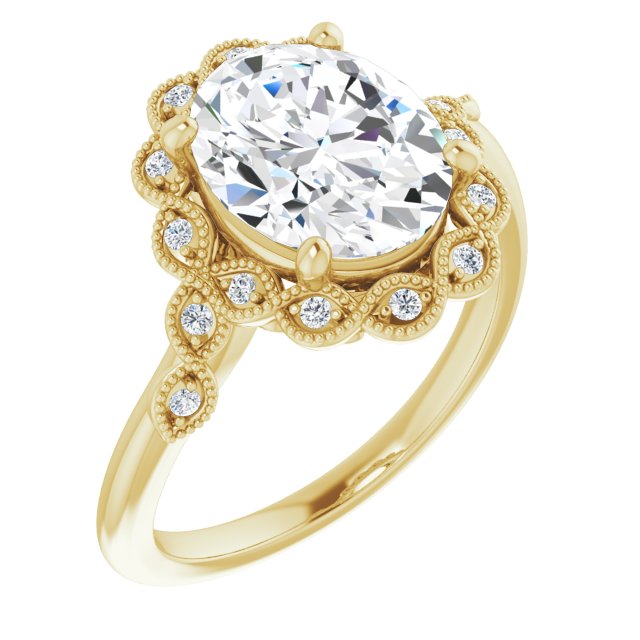 10K Yellow Gold Customizable 3-stone Design with Oval Cut Center and Halo Enhancement
