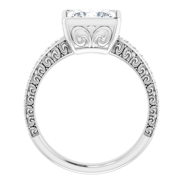 Cubic Zirconia Engagement Ring- The Araceli (Customizable Bezel-set Princess/Square Cut Design with Cloud-pattern Band & Semi-Eternity Accents)