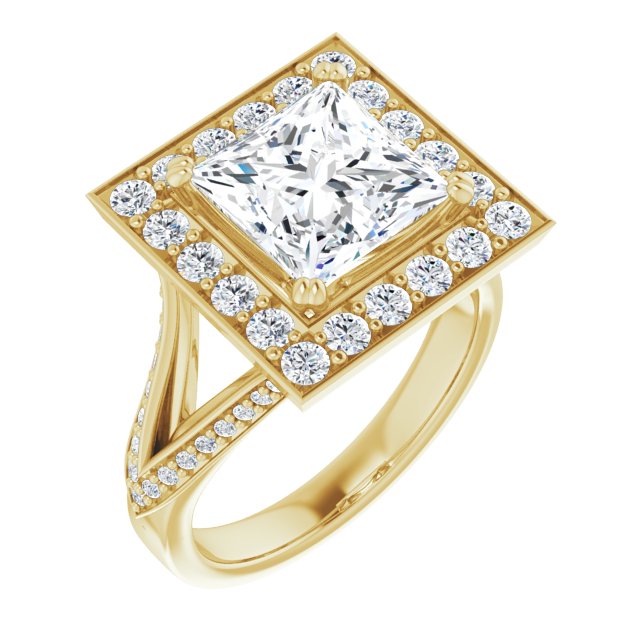 10K Yellow Gold Customizable Princess/Square Cut Center with Large-Accented Halo and Split Shared Prong Band