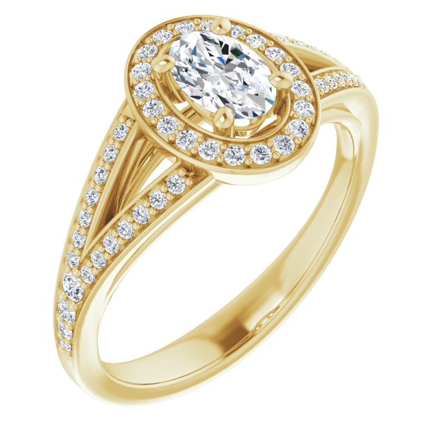 10K Yellow Gold Customizable Cathedral-Halo Oval Cut Style featuring Split-Shared Prong Band