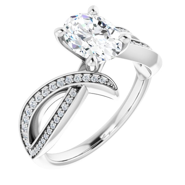 Cubic Zirconia Engagement Ring- The Vada (Customizable Oval Cut Design with Swooping Shared Prong Bypass Band)
