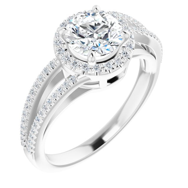 18K White Gold Customizable Round Cut Vintage Design with Halo Style and Asymmetrical Split-Pavé Band