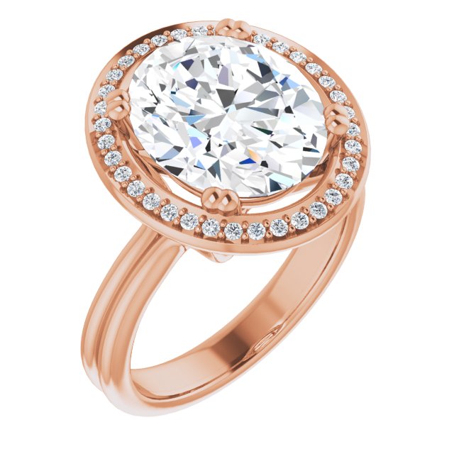 10K Rose Gold Customizable Oval Cut Style with Scooped Halo and Grooved Band