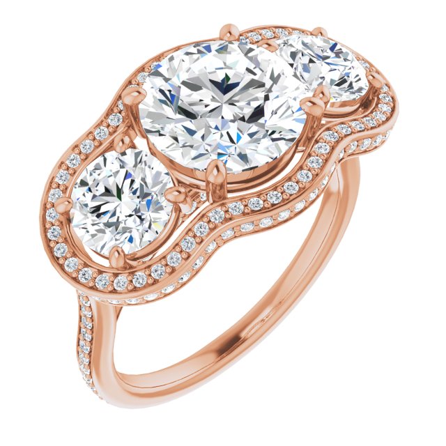 10K Rose Gold Customizable 3-stone Round Cut Design with Multi-Halo Enhancement and 150+-stone Pavé Band