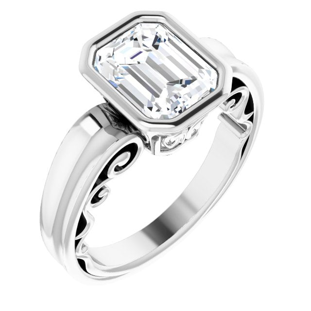 10K White Gold Customizable Bezel-set Emerald/Radiant Cut Solitaire with Wide 3-sided Band