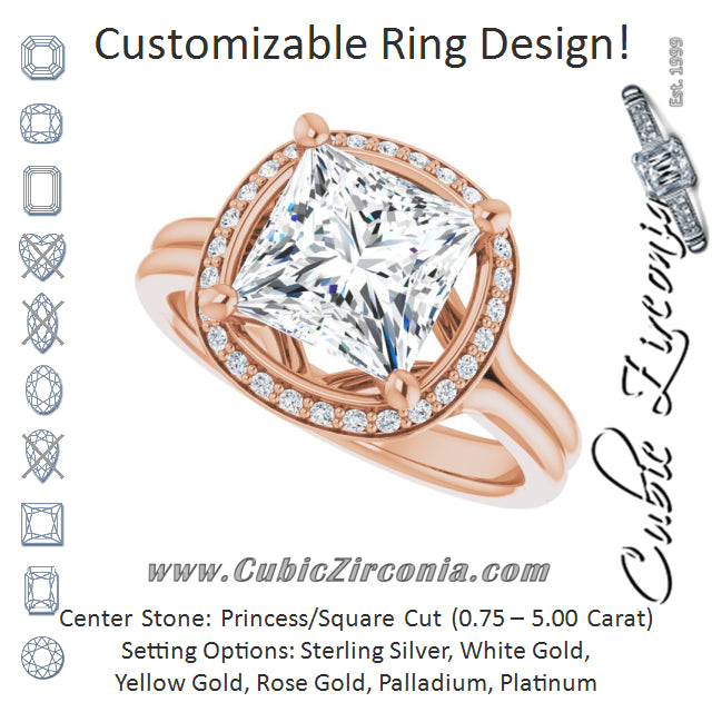Cubic Zirconia Engagement Ring- The Ivory (Customizable Cathedral-set Princess/Square Cut Design with Split-band & Halo Accents)
