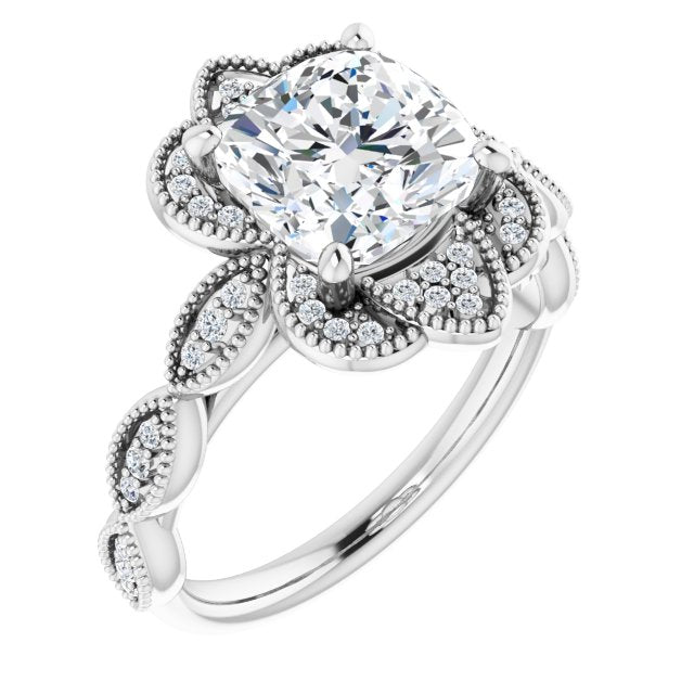 10K White Gold Customizable Cathedral-style Cushion Cut Design with Floral Segmented Halo & Milgrain+Accents Band