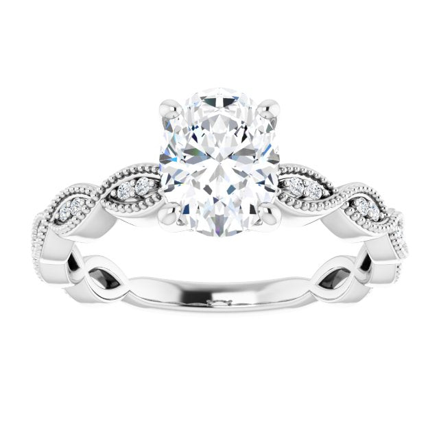 Cubic Zirconia Engagement Ring- The Shanice (Customizable Oval Cut Artisan Design with Scalloped, Round-Accented Band and Milgrain Detail)