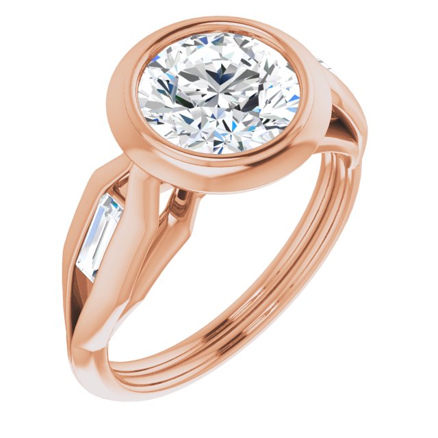 14K Rose Gold Customizable Bezel-set Round Cut Design with Wide Split Band & Tension-Channel Baguette Accents