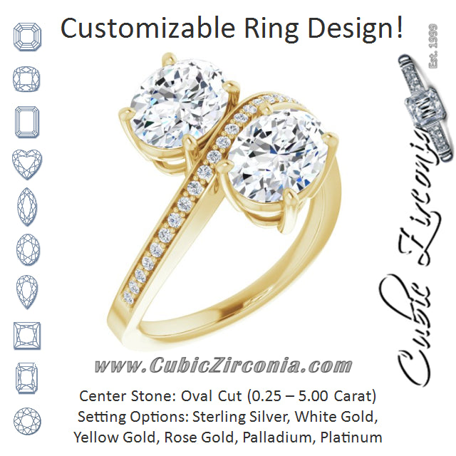 Cubic Zirconia Engagement Ring- The Ellie (Customizable 2-stone Oval Cut Bypass Design with Thin Twisting Shared Prong Band)