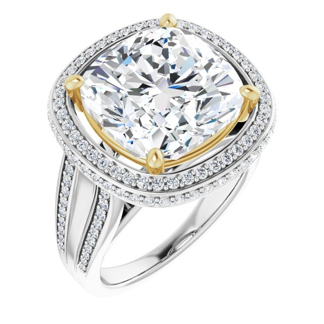 14K White & Yellow Gold Customizable Halo-style Cushion Cut with Under-halo & Ultra-wide Band