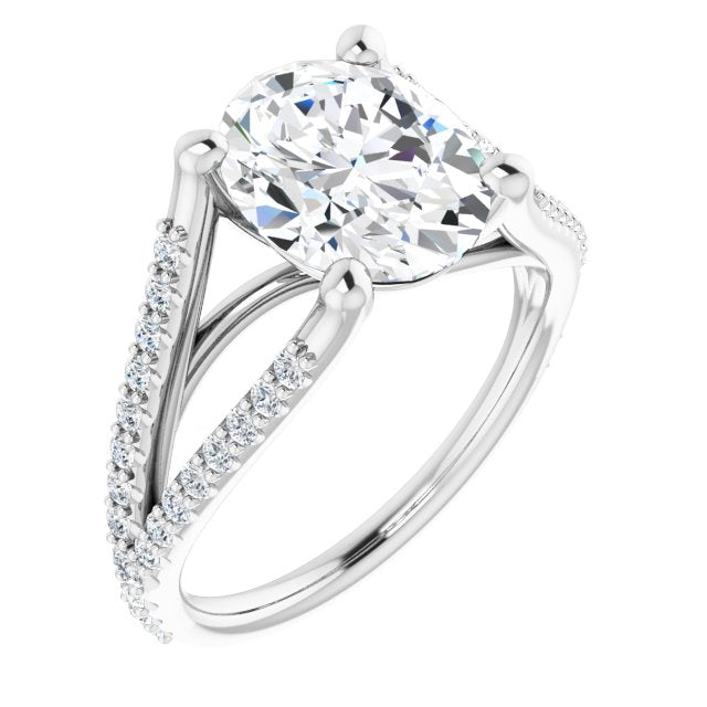10K White Gold Customizable Cathedral-raised Oval Cut Center with Exquisite Accented Split-band