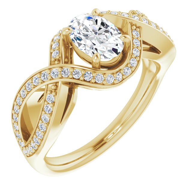 10K Yellow Gold Customizable Oval Cut Design with Twisting, Infinity-Shared Prong Split Band and Bypass Semi-Halo