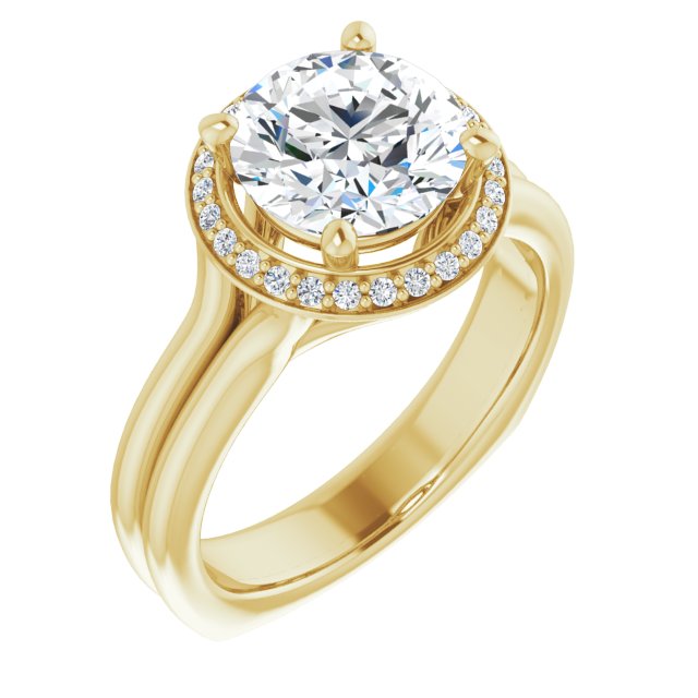 18K Yellow Gold Customizable Round Cut Style with Halo, Wide Split Band and Euro Shank
