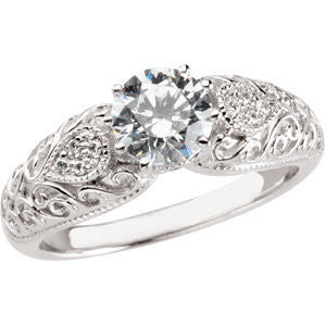 Cubic Zirconia Engagement Ring- The Kanetra (0.5 or 1.0 Carat Round Cut 11-stone with Filigree and Hand-engraved Band)