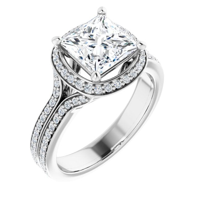 10K White Gold Customizable Cathedral-raised Princess/Square Cut Setting with Halo and Shared Prong Band