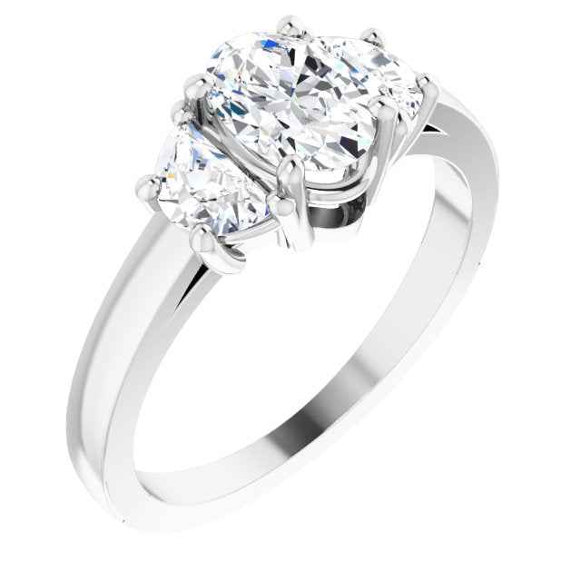 10K White Gold Customizable 3-stone Design with Oval Cut Center and Half-moon Side Stones