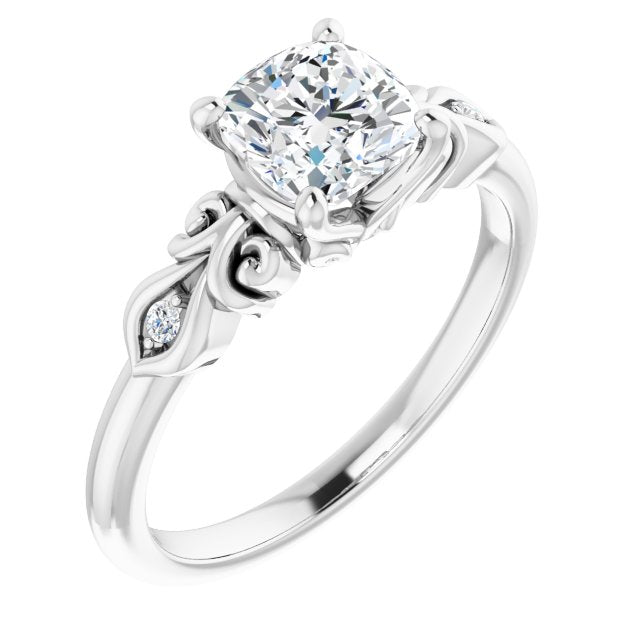 10K White Gold Customizable 3-stone Cushion Cut Design with Small Round Accents and Filigree