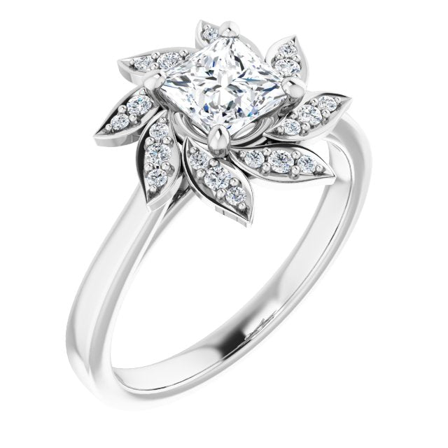 10K White Gold Customizable Princess/Square Cut Design with Artisan Floral Halo