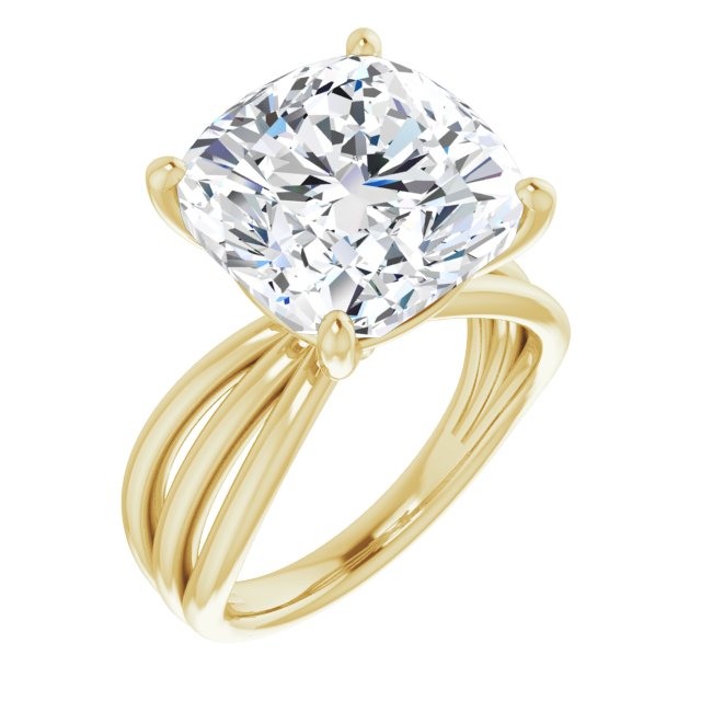 10K Yellow Gold Customizable Cushion Cut Solitaire Design with Wide, Ribboned Split-band