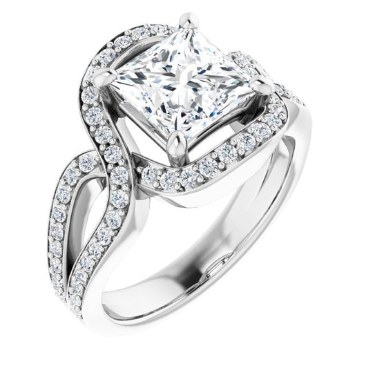 10K White Gold Customizable Princess/Square Cut Center with Infinity-inspired Split Shared Prong Band and Bypass Halo