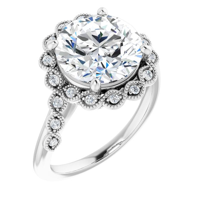 10K White Gold Customizable 3-stone Design with Round Cut Center and Halo Enhancement