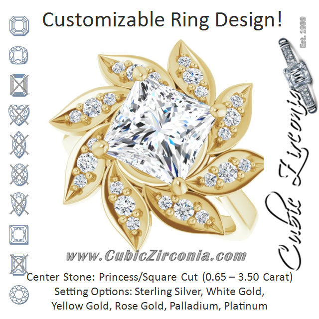 Cubic Zirconia Engagement Ring- The Xiùying (Customizable Princess/Square Cut Design with Artisan Floral Halo)