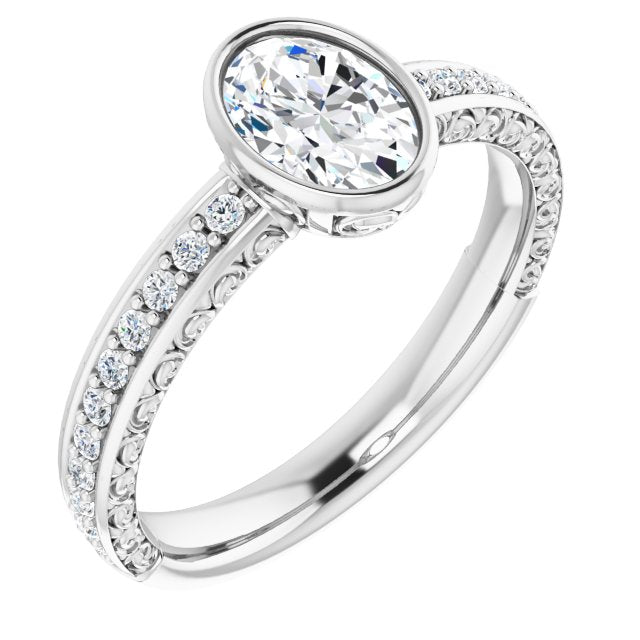10K White Gold Customizable Bezel-set Oval Cut Design with Cloud-pattern Band & Semi-Eternity Accents
