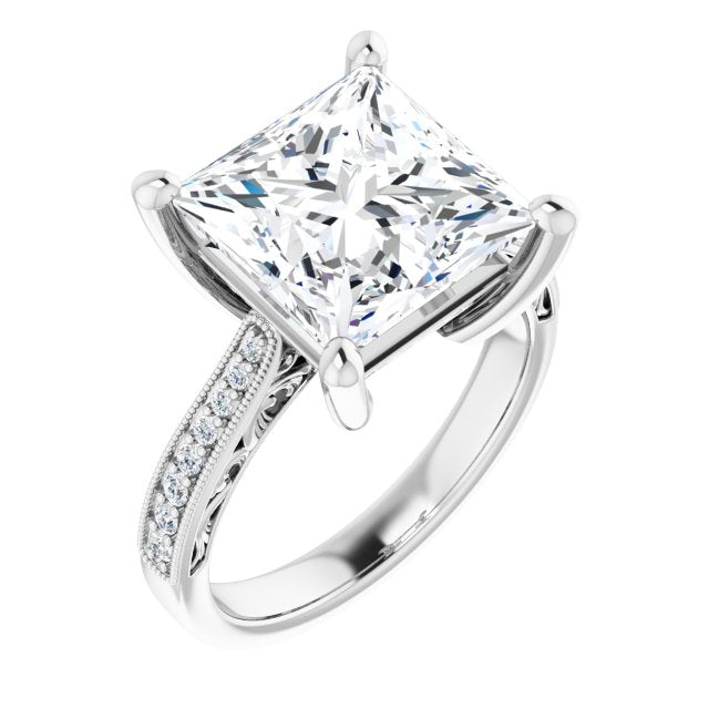 10K White Gold Customizable Princess/Square Cut Design with Round Band Accents and Three-sided Filigree Engraving