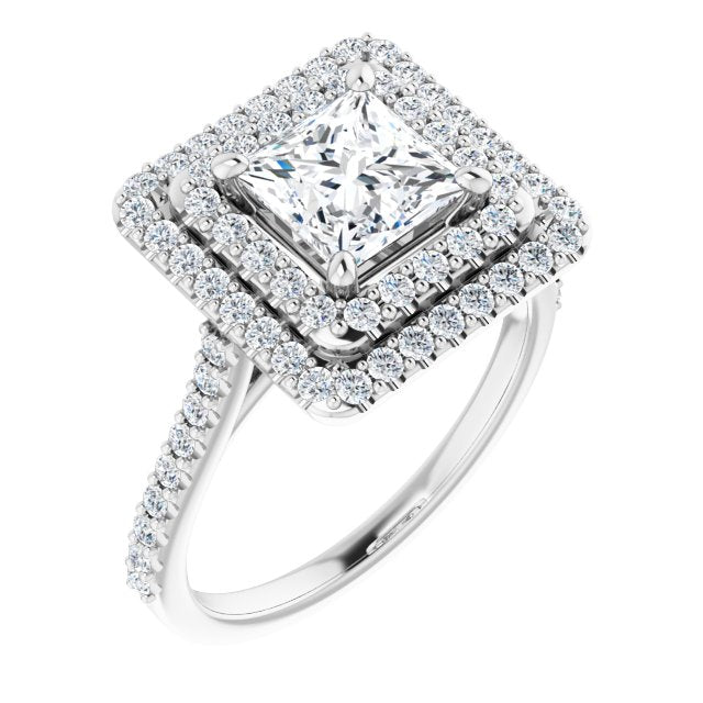 10K White Gold Customizable Double-Halo Princess/Square Cut Design with Accented Split Band