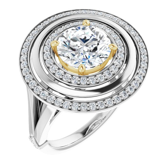 14K White & Yellow Gold Customizable Round Cut Oversized 2x Halo Style with Knuckle Accented Split Band