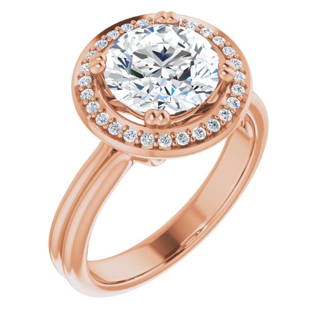 18K Rose Gold Customizable Round Cut Style with Scooped Halo and Grooved Band