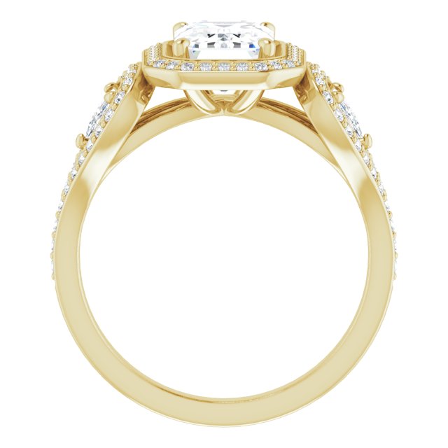 Cubic Zirconia Engagement Ring- The Cordelia (Customizable Cathedral-set Emerald Cut Design with 2 Trillion Cut Accents, Halo and Split-Shared Prong Band)