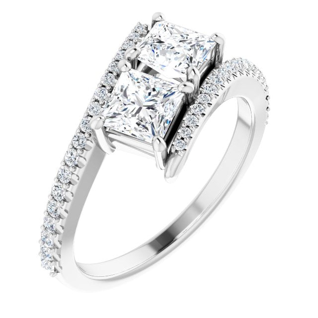 10K White Gold Customizable Double Princess/Square Cut 2-stone Design with Ultra-thin Bypass Band and Pavé Enhancement
