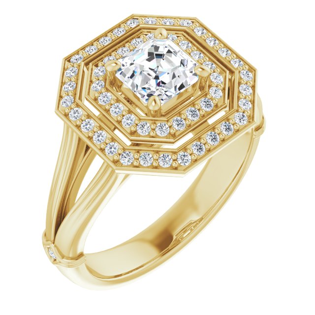 10K Yellow Gold Customizable Cathedral-set Asscher Cut Design with Double Halo, Wide Split Band and Side Knuckle Accents